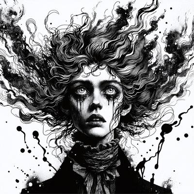 The primary subject of the image is a woman with long hair, wearing a black dress and a scarf. She has a sad and distressed expression on her face, with her eyes wide open. The setting is a black and white background, which adds to the dramatic and moody atmosphere of the scene. The visual style is a combination of drawing and digital art, creating a striking and emotional portrait. The colors and mood are predominantly dark, with the woman's hair and dress being the main source of contrast